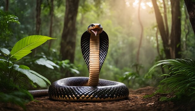a majestic king cobra standing tall hood flared reptiles exuding power and danger in the dense jungle