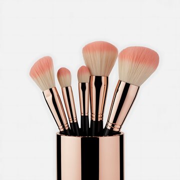 Set of professional makeup brushes in a rose gold holder isolated on white background