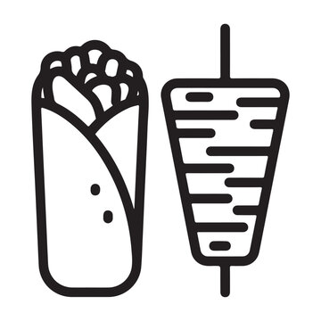 Shawarma rotisserie meat and wrapped kebab sandwich vector icon for fast food menu design and restaurant branding