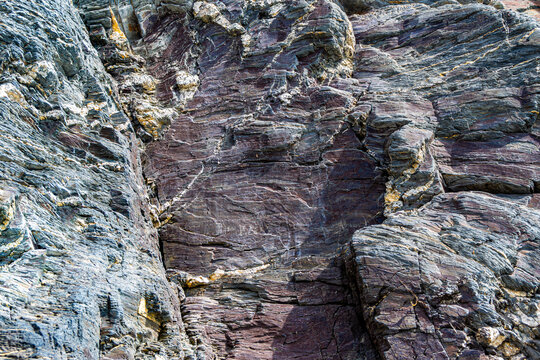 Tectonically deformed Devonian carbonate rock outcrop with brecciation and calcite veins along Tom River right bank