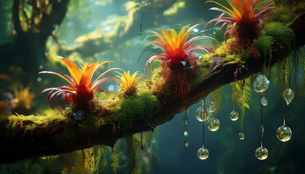 a tropical rainforest epiphyte community clinging to a single mossy tree branch bromeliads forming water collecting cups filled with clear rainwater hosting tiny aquatic