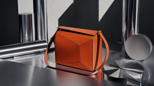 A wide angle perspective of a chic geometric box bag displayed in a professional studio setting with metallic accents, showcasing high fashion luxury aesthetics in a modern cinematic widescreen compos
