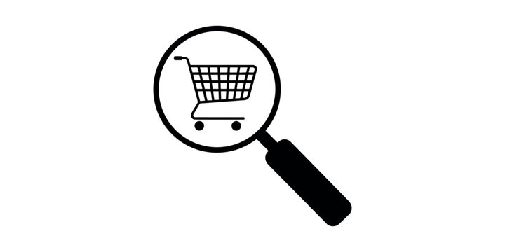 Black magnifying glass with shopping cart inside black white background search ecommerce