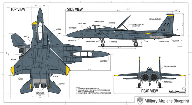Military airplane blueprint set with top side and rear orthographic views of jet fighter plane isolated on white background vector schematic illustration