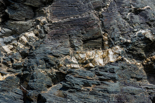Complex folded and faulted layered rock formation with white mineral veins showing tectonic deformation