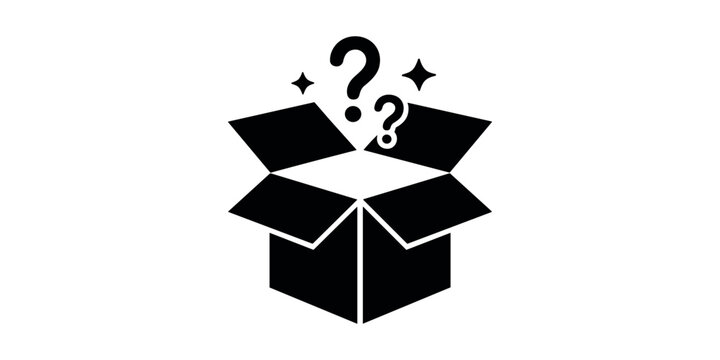 Black open cardboard box with question marks and sparkles on white background