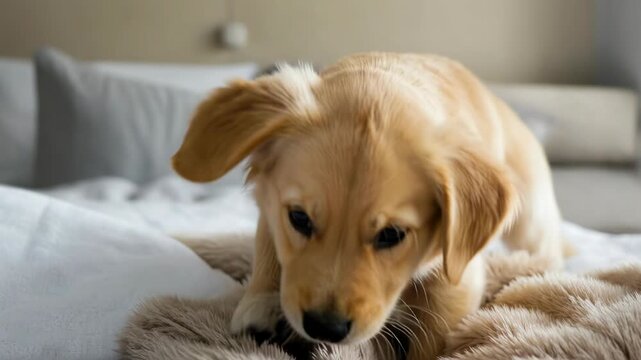 A golden puppy playfully nudges a soft textured blanket on a bed. Close up action shot of a cute dog exploring a warm cozy bedroom environment, capturing genuine pet joy and energetic movement.