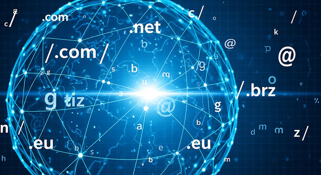 Global internet network with domain extensions on a glowing digital earth