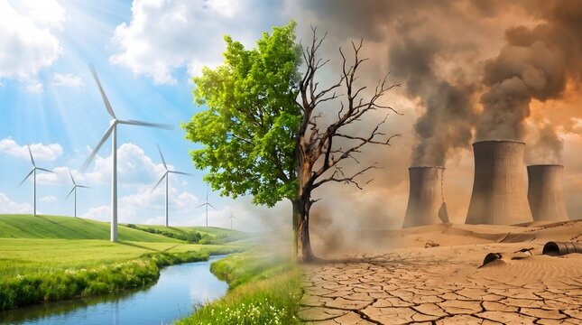 Split image showing contrast between clean energy and industrial pollution