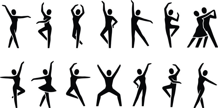 Set of black silhouette dancing figures and poses featuring ballet, ballroom dance, and various expressive movement icons