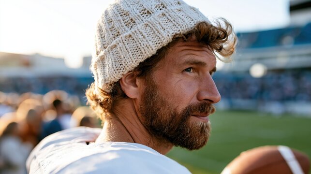 A rugged young man wearing a beanie is gazing thoughtfully while seated in a stadium, capturing the intensity and excitement of a live football game in the crowd.