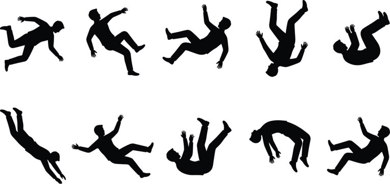 Set of black silhouette people characters in various falling and floating poses for design visualization
