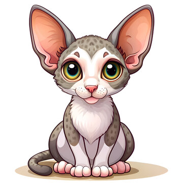 Cute cartoon Devon Rex kitten sitting against a plain background. Adorable pet illustration for children's books or websites.