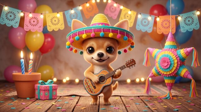 Chihuahua dog in sombrero playing guitar at a festive party with pi ata chihuahua sombrero