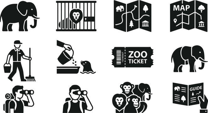 Zoo Icons Set: Elephant, Lion in Cage, Map, Ticket, Zookeeper, Monkey