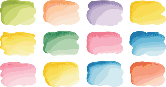 Colorful watercolor brush strokes stains and textures set with pastel pink yellow blue green purple banners isolated on white background vector illustration