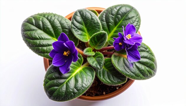 Beautiful African Violet plant with purple flowers in a pot, indoor plant close-up