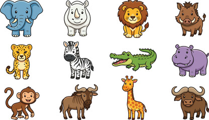 Cute cartoon African safari animals set with elephant lion giraffe zebra cheetah hippo crocodile rhinoceros monkey isolated on white background vector illustration © MdGohurul