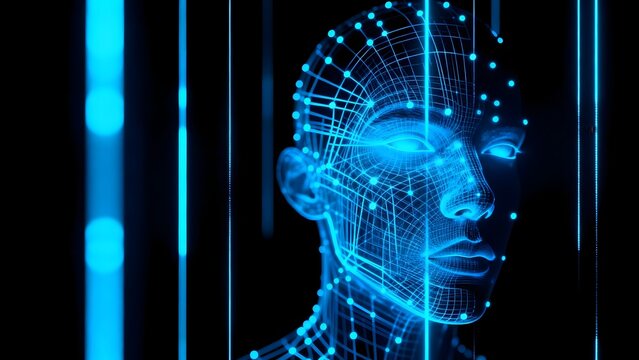 Blue wireframe human head with digital dots