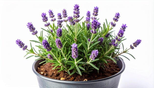 Vibrant potted lavender plant with fragrant purple blossoms against a clean white background, showcasing natural beauty and aromatic charm