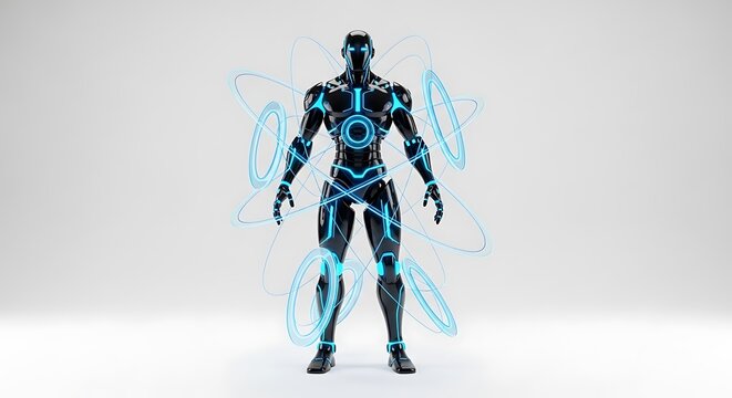 Futuristic robot standing with glowing blue neon lights