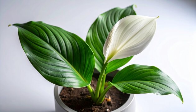 Captivating white flower of a lush green houseplant in a modern pot, embodying natural beauty and a tranquil atmosphere