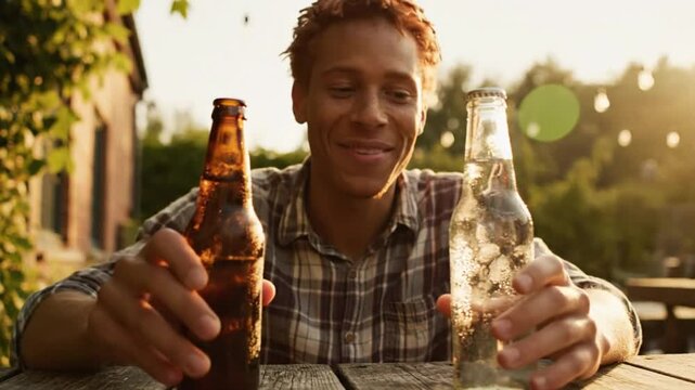 Cheerful person choosing between a cold beer and refreshing water while enjoying a sunny day outdoors