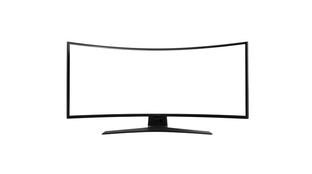 Modern blank curved ultrawide monitor screen on minimalist desk setup in clean office space