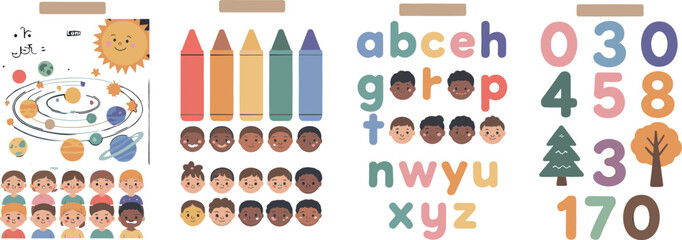Cute preschool educational posters set with solar system alphabet letters numbers crayons and diverse children faces isolated vector illustration © MdGohurul