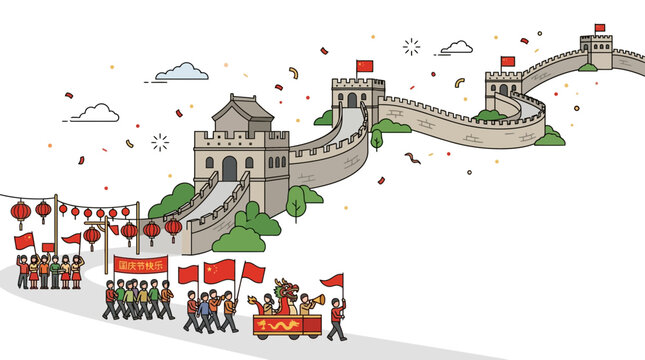 A festive parade with people celebrating in front of the Great Wall of China.