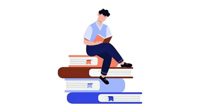 A young man sitting atop a stack of books, engrossed in reading, symbolizing education, knowledge, and lifelong learning