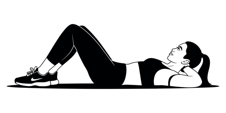 Woman in black clothing doing crunches on floor with white background exercise fitness workout in white background
