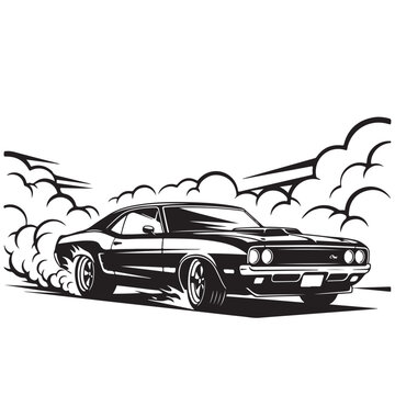 Classic muscle car vector illustration with tire smoke and burnout for automotive racing and speed themes