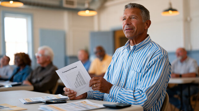 Veteran financial planning workshop at VFW hall, retired sergeant in civilian clothes presenting compound interest chart to mixed-age veteran audience, folding tables with printed benefit guides and