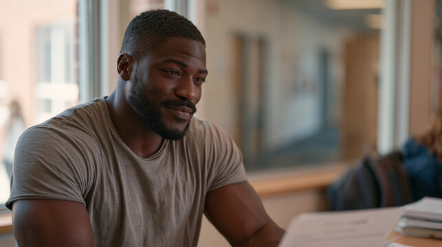 Veteran at community college financial aid window with Post-9/11 GI Bill certification letter, advisor highlighting eligible courses in course catalog, industrial campus hallway visible through offi