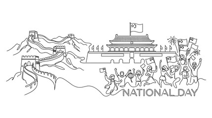 Obraz premium Line art illustration of Chinese National Day celebration with landmarks and people.