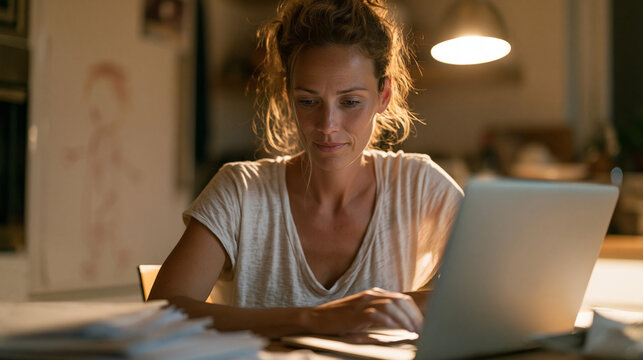 Single mother completing mortgage digital application at cramped apartment kitchen table after bedtime, toddler drawing visible on refrigerator, stack of pay stubs and lease agreements beside laptop