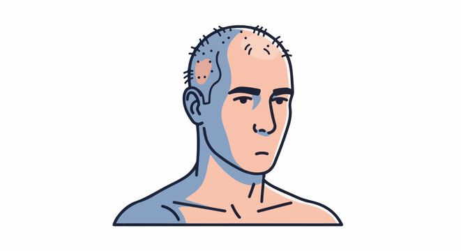 Stylized portrait of a balding man with thin hair and skin irritation patches
