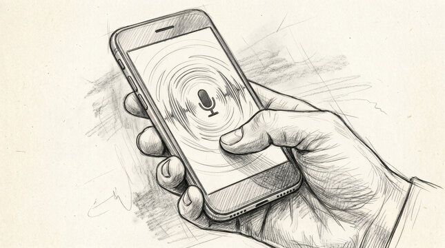 Hand holding smartphone with microphone voice assistant interface pencil sketch style