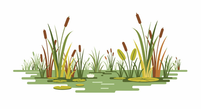 Stylized marsh with cattails, reeds, and lily pads on calm water