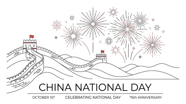 Line art illustration of the Great Wall of China with fireworks for National Day celebration.
