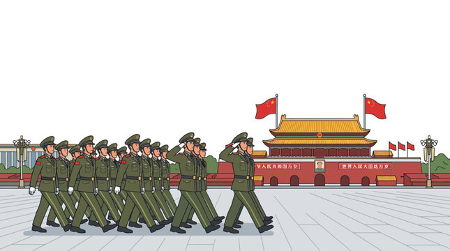 A group of Chinese soldiers marching in formation and saluting.