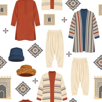 Seamless half-drop pattern of Afghan rural men's traditional clothing with pakol hat and chapan coat motifs