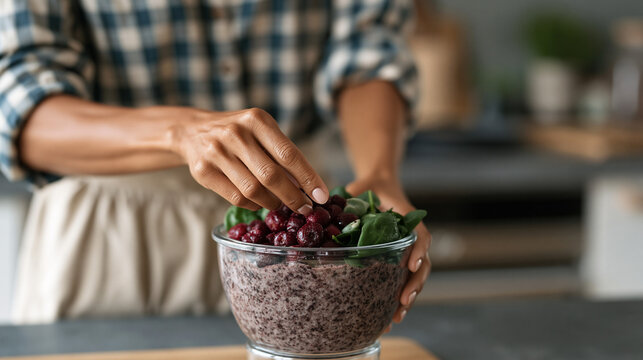 Polyphenol rich smoothie preparation in modest apartment kitchen, young professional adding frozen acai, tart cherries, and spinach to blender, early morning routine before work commute, soft ambien