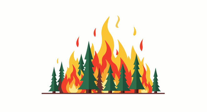 Stylized evergreen forest ablaze with vibrant orange and yellow flames