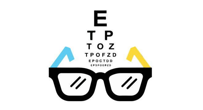 Stylized eyeglasses with colorful arms and an eye chart in the background