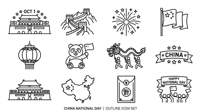 A collection of twelve outline icons representing China National Day celebrations and cultural symbols.