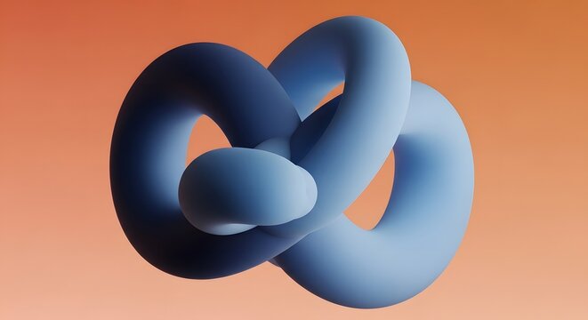 Abstract 3D blue knot shape on an orange gradient background. Modern design and minimalist art. A smooth liquid loop sculpture floating in space with soft lighting and artistic curves