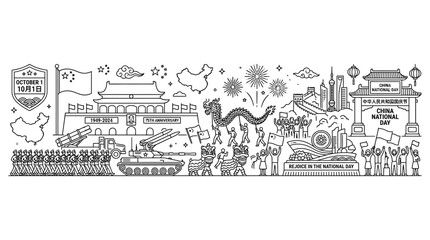 Fototapeta premium Hand drawn illustration celebrating China National Day with iconic landmarks and cultural symbols.