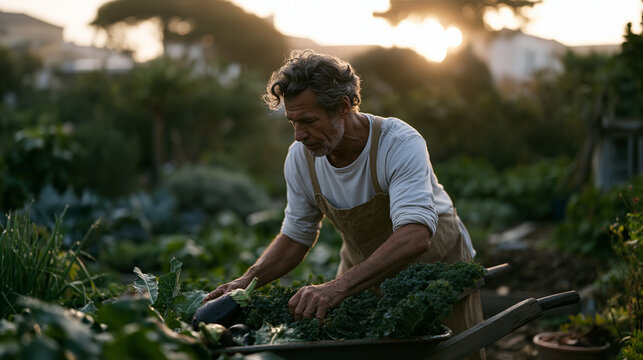 Early morning mist over community allotment garden where retired man harvests deep purple eggplant and kale, wheelbarrow beside him, phytochemical rich vegetables glistening with dew in soft diffuse
